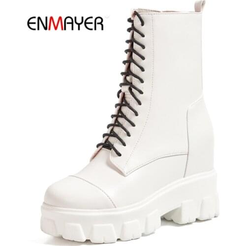 ENMAYER Women Shoes Platform Boots Height Increasing Ankle Boots Autumn Wintre High Heel Zipper Ladies Lace Up Women Boots