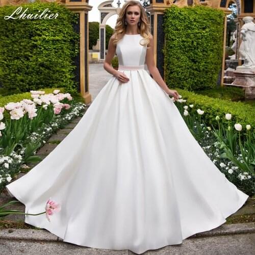 Lhuilier Elegant A Line Satin Wedding Dresses 2020 for Women V Backless Sleeveless Floor Length Bridal Gowns with Bow Sashes