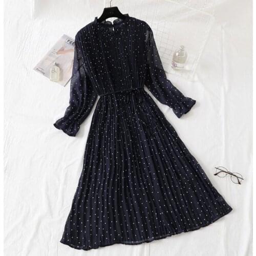 Polka Dot Print Women Chiffon Pleated Dress Sweet Flare Sleeve Party Dresses Casual Loose Lady Office Midi Dress Vestidos Mujer