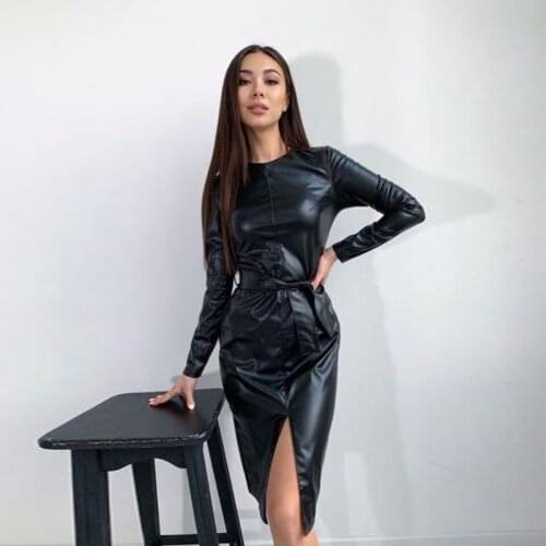 Women Vintage Black PU Sashes Slim Mid Dress O Neck Long Sleeve Front Split Elegant Dress 2021 New Fashion Women Party Dress