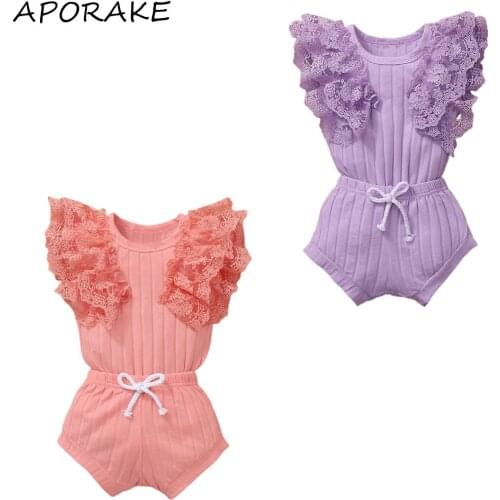 2021 0-18M Baby Girl Clothes Fresh Lace Stitching Fly Sleeve Romper+Drawstring Solid Color Triangle Shorts 2pcs Set