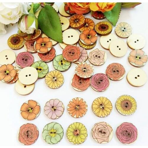 50Pcs/Pack Mixed flowers buttons 20mm Wooden Buttons Sewing Scrapbooking Decor Embellishments Card Making for Craft Scrapbooking