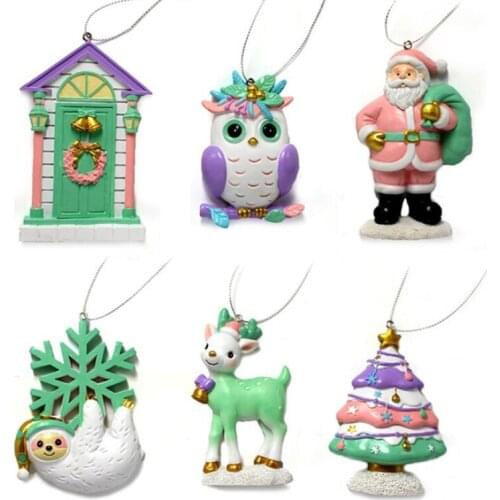 69HC 6Pcs Christmas Resin Doll Ornament Hanging Charm Santa Claus Owl Xmas Tree Decor