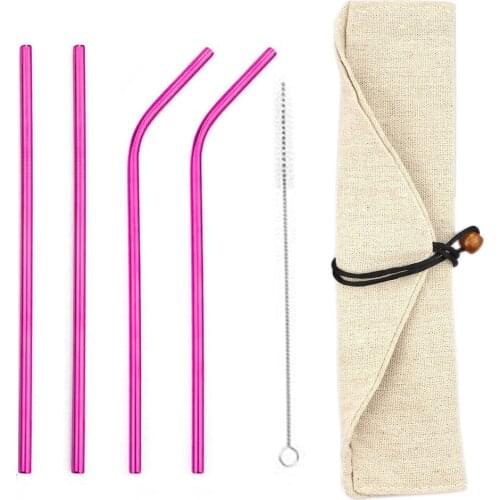 6pcs Reusable 304 Stainless Steel Pink Straw Metal Smoothies Drinking Straight Straws with Brush Bag Baby Shower Gift Wholesale