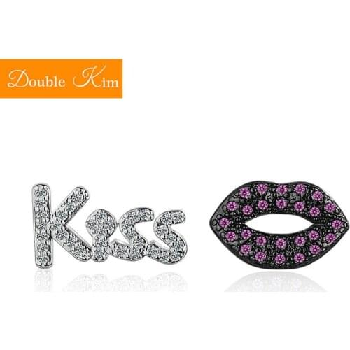 Kiss Lips Asymmetric Stud Earrings Titanium Stainless Steel Inlaid Zircon Earrings Gold Color Fashion Trendy Women Jewelry Gift