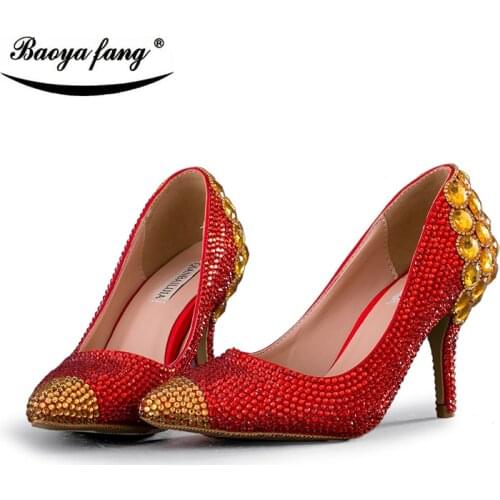 BaoYaFang Womens wedding shoes Red and gold crystal 8cm heel pointed toe woman shoes female shoes party dress shoes low heel