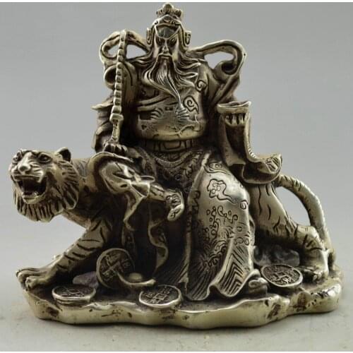 Collectible Decor Old Handwork Miao Silver Carved Gong Ming Riding Tiger Statue metal handicraft home decoration