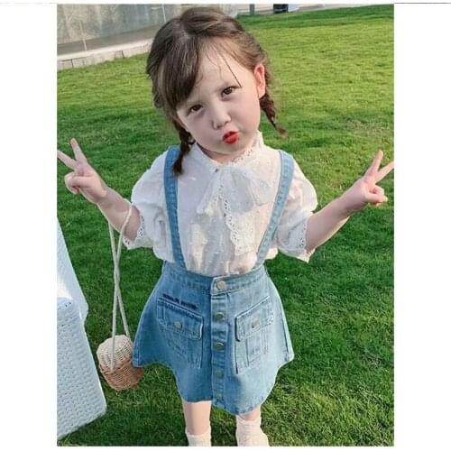 2pcs Dess Sets Dess And T Shirt Cotton Denim Baby Girls Dress Short Sleeve Child Clothing Summer Costume Outfits