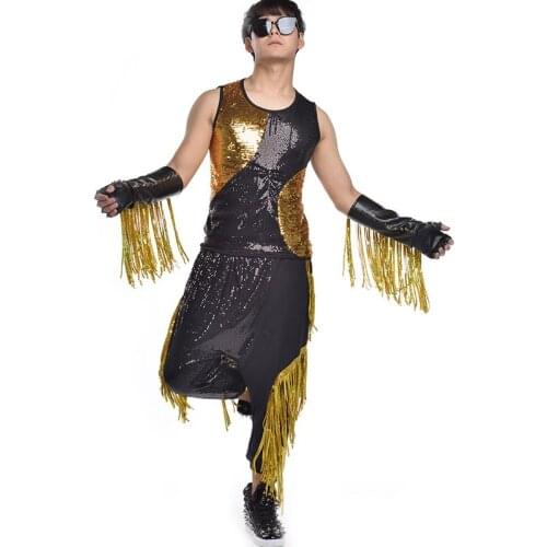 Bar GoGo Dancer Costume Nightclub Male Jazz Dance Rock Drum Singer Performance Sequins Tassel Harlan Casual Pants Set BL2208