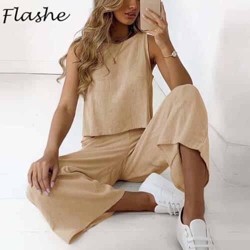 Summer Tracksuit Women Elegant Two Piece Set Womens Slim Top And Pants Loose High Waist Solid Casual Suit Female Clothing 2021