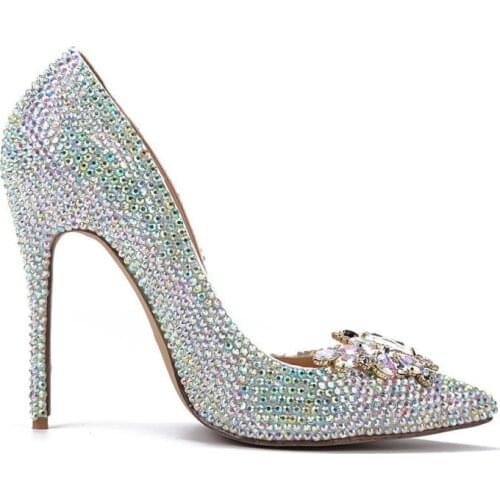 Hot Sale Fashion Women High Heel Shoes Ponited Toe Slip On Crystal Decoration Femme Wedding Shoes For Women Sexy Party Pumps