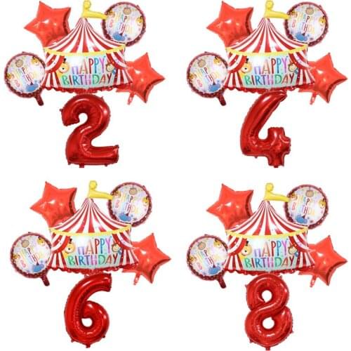 Animal Theme Red Birthday Circus Stage Tent Balloons Set 32inch Foil Number Balloons Kids Birthday Party Decorations