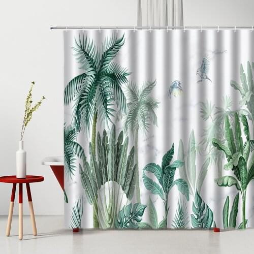 Shower Curtain Set Tropical Rain Forest Green Plants Banana Leaf Bird Background Decor Bathroom Household Items Bathtub Screen