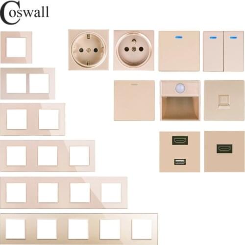 COSWALL C1 Series Gold Glass Panel Wall Switch EU French Socket HDMI-compatible USB Charger Female TV RJ4 Modules DIY