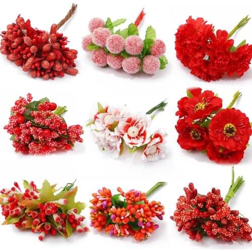 New Hot sale Red Bouquet Artificial Flower Cherry Stamens Berries Bundle For DIY Cake Wedding Gift Box Wreaths Craft Decoration