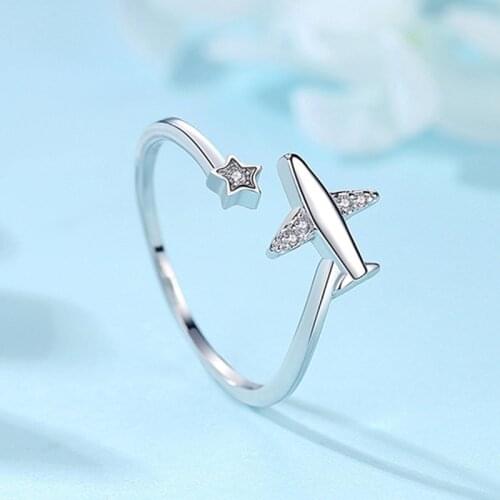 Fashion Womens S925 Silver Plated Platinum Personality Small Fresh Diamond Airplane Fashion Open Rings J01175