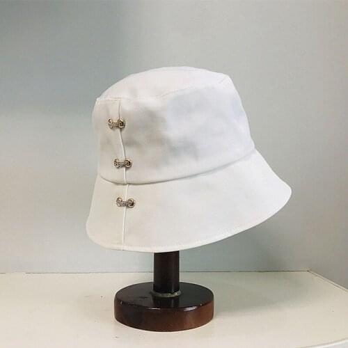 Womens Summer Hat Cotton Bucket Hat Solid Color Sun Protection Cap Female Crystal Decoration Flat Top Beach Packable Sun Hat