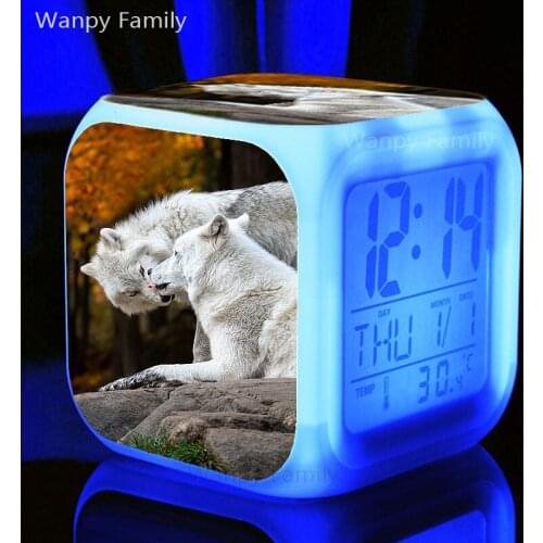 Couples Wolf Alarm Clocks 7 Color Glowing LED Digital Clock For Kids Birthday Gift Multifunction Touch Sensing Flash Clocks