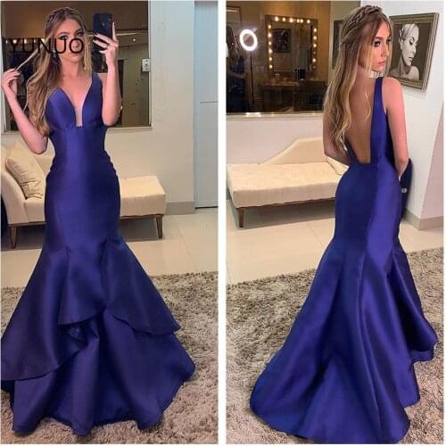 YUNUO Mermaid Sleeveless Prom Dresses Long Satin Illusion V-neck Party Evening Gowns Formal Women Dresses Vestido de Festa
