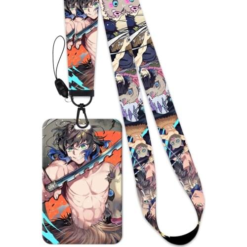 Anime Lanyard Demon Slayer Hashibira Inosuke Neck Strap Rope For Mobile Cell Phone ID Card Holder With Keychain Keyring Gift