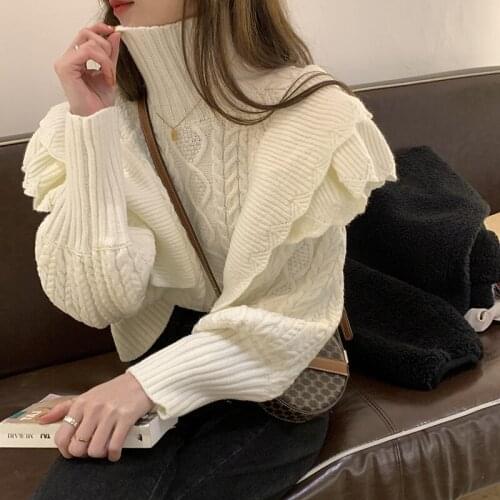 Sweet Fashion Ruffled Stitching Turtleneck Sweater Loose Lantern Sleeve Twist Knit Pullover Sweaters 2021 Spring Women Clothes