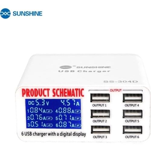 Sunshine SS-304D Universal 6 Ports USB Quick Charger 5V 6A Digital Display Fast Charger for iPhone iPad Electronic Product