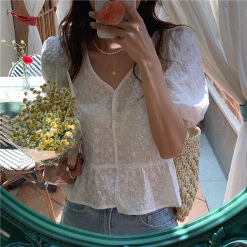 Lace Hollow Out Tops Korean 2021 Summer Embroidered V-neck Short Sleeve Shirt Women Single Breasted Clothing Women Tops 15546