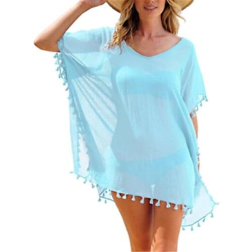 Women Loose Bikini Cover Up Tunics For Beach Swimwear Bathing Suit Summer Beach Dress Chiffon Summer Top Tassels Pareo