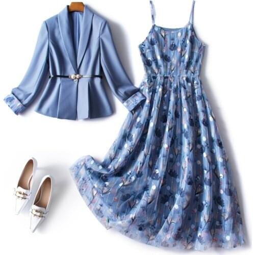 Women Plus Size Office Dress Suit Jacket Coat Top And Floral Print Mesh Sundress Two Piece Set Elegant Outfit Workwear Clothing