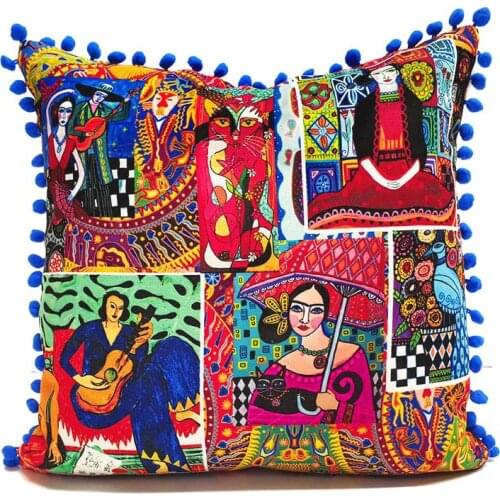 Colored Pompon Handmade Linen Fabric Cushion Cover Pillowcase 2PCS Set / 45CM X 45CM