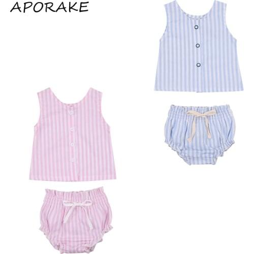 2021 3-24M Kid Girl Clothing Summer New Sweet Strip Printed Sleeveless Buttons Vest Crop Top+Bowknot Ruffle Loose Pants 2pcs Set