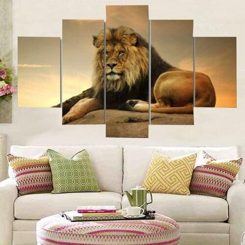 5 Pieces Wall Art Canvas Painting Animal Poster Dark Brown Lion Sedntary Modern Home Living Room Decorative Framework