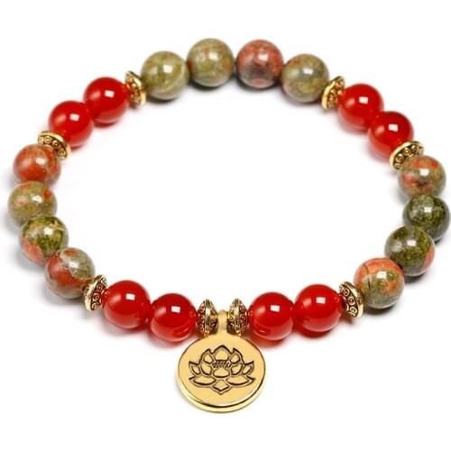 Natural unakite and Red Onyx Beads Bracelet Lotus Wrist Mala Healing Crystal Lotus OM Bracelets Sets For Women Meditation Yoga