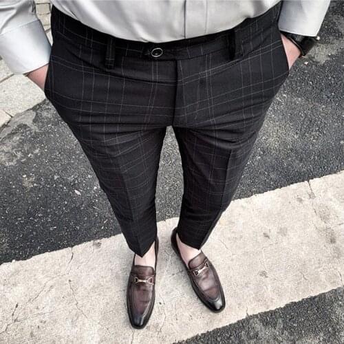 Summer Casual Harajuku Plaid Printed Pencil Pants For Mens Vintage Mid Waist Button Trouser Male Ankle-Length Pant Streetwear