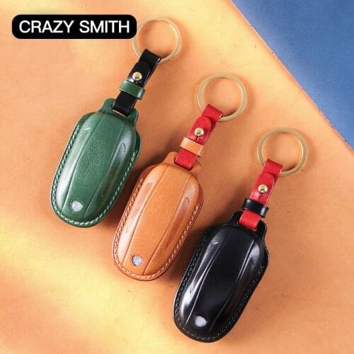 Crazy Smith Handmade Car Key Case Cover for Tesla Model X Vegetable Tanned Leather Super Cfafts The Best Gift On Fathers Day