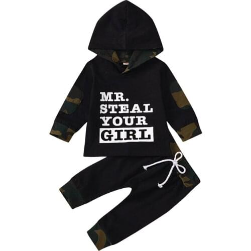 Baby’s Autumn Clothes Black Camouflage Long-Sleeves Hoodie with Letters Print + Elastic-Waist Pants for Toddler Boy 0-3 Years