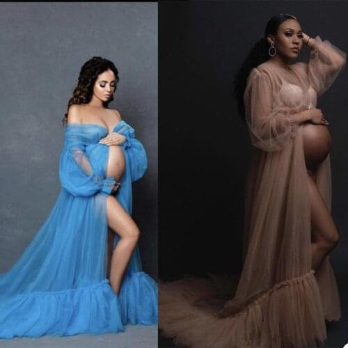 Sexy Maternity Robe Nightwear Ruffles Long Sleeve Elegant Pregnant Women For Photo Party Nightgown Lingerie Pajamas