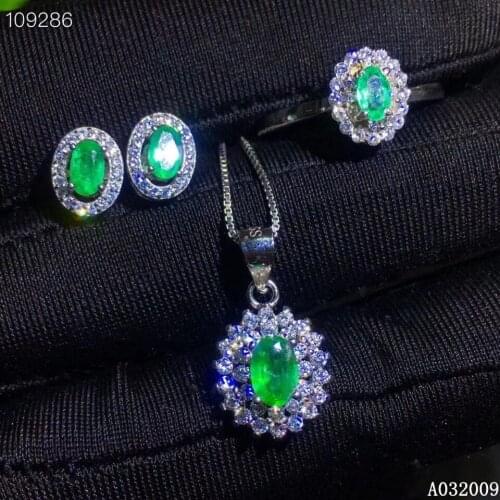 KJJEAXCMY fine jewelry 925 sterling silver inlaid natural emerald earrings ring pendant classic girl suit support test