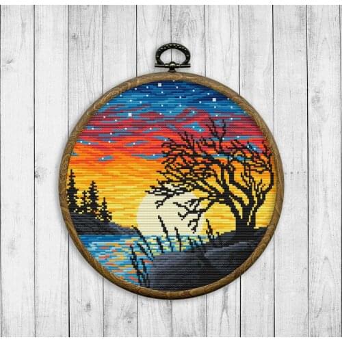 Circular Landscape-Sunset River Trees Landscape Counted Cross Stitch 11CT 14CT 18CT Cross Stitch Kits Embroidery Needlework Sets