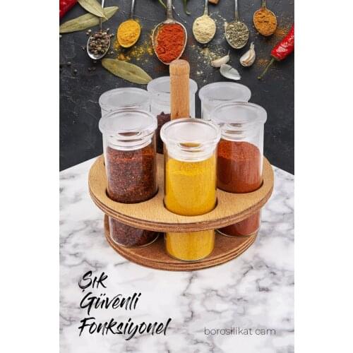 6-PIECE GLASS BOROSILICATE SPICE SET WITH WOODEN STAND Kitchen Mother Spice Set Salt Shaker Pepper Bowl Tableware Wooden Bamboo