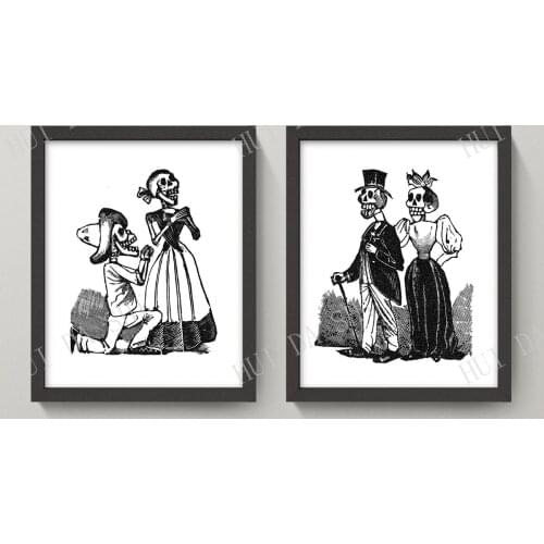 Skeleton Print Set • Proposing and Marriage Diptych • Set of 2 Prints • Black and White Mexican Woodcuts Posada Romance Love