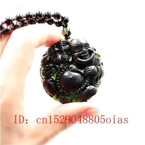 Natural Black Green Chinese Jade Maitreya Pendant Beads Necklace Charm Jewelry Obsidian Accessories Carved Amulet Gifts for Men