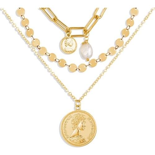 Retro Head Portrait Pendant Necklaces for Women Female Imitation Pearl Multilayer Gold Clavicle Chain Necklace Jewelry collares