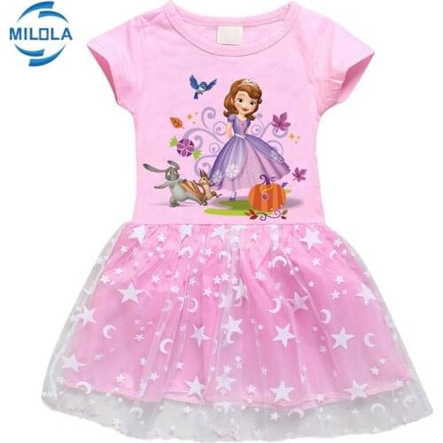 Girls Dresses Cartoon Princess Sofia the First Print Cotton Summer Dress Short Sleeve Star Moon Children Lace Christmas Costumes