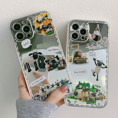 Shockproof Cartoon Sticker Sean The Sheep Phone Case For iphone 11 12 Pro Max 7 8 plus X XR XS Max Luxury Cartoon Mirror Cover