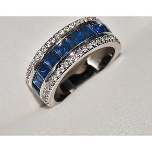 Luxury Silver Color Mens Ring Created Blue Sapphire Wedding Engagement Rings For Women Girls