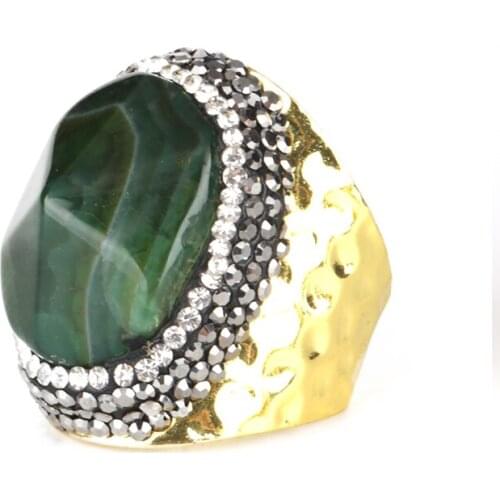 Luxury Dark Green Faceted Onyx Semi Precious Stone Charm Gold Color Hammered Adjustable Wide Wrap Open Ring Cuff For Women Man