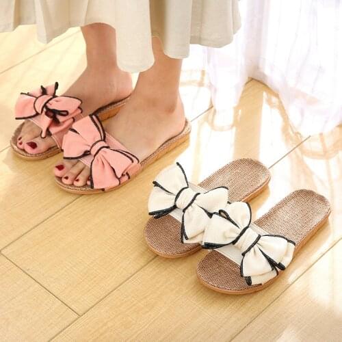 Slippers Women Floor Non Slip Office Cool Slippers Home Lovely Bow Tie Linen Slippers Mules Shoes Women