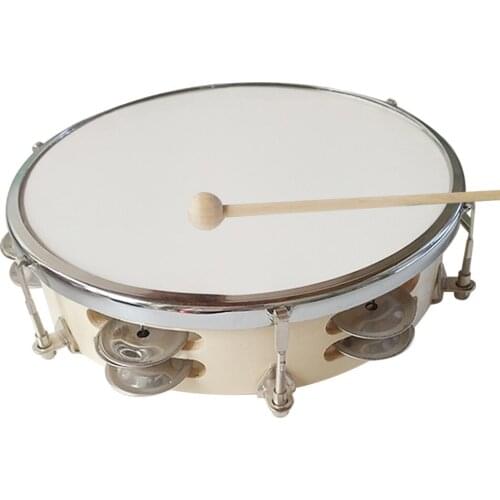 10 Inch Tambourine Handbell Hand Drum with Double Row Jingles Percussion Instrument for Children Adults