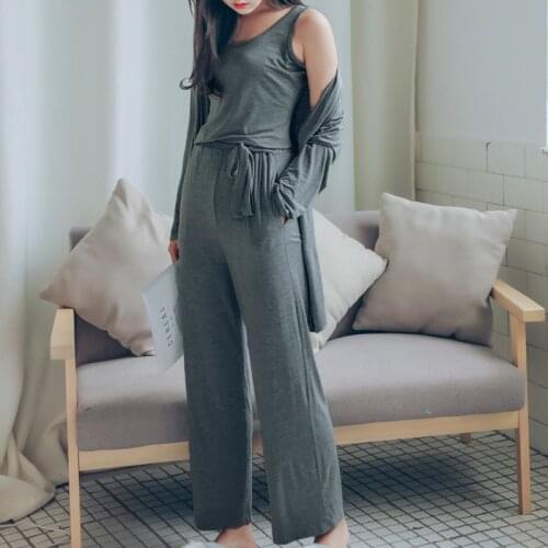 3 Piece Spring Autumn Korean Women Pajamas Sets Solid Color Pajamas Set Modal Top And Long Trousers Female Night Suit Set